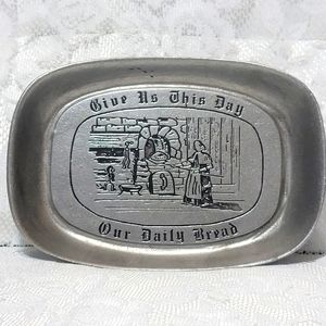 Vintage Pewter Bread Plate Metal DuraCast Give Us This Day Our Daily Bread